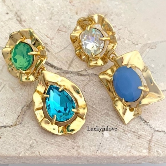 ALEXIS BITTAR• Gold Crystal Rainbow Blue Antiquities Mismatched Ruffled Earrings - Picture 5 of 10